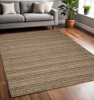 9' X 13' Tan and Black Intricate Striped Area Rug