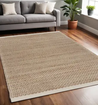 5' X 8' Tan and White Detailed Woven Area Rug