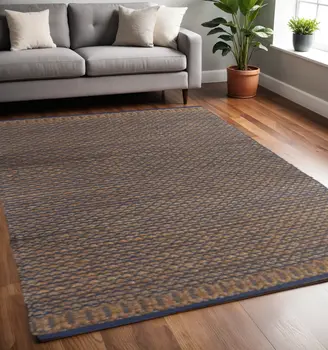 5' X 8' Tan and Blue Detailed Lattice Area Rug