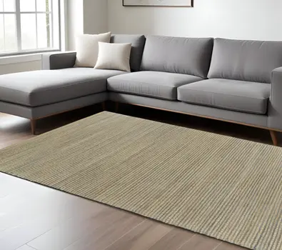 9' X 12' Tan and Blue Undertone Striated Area Rug