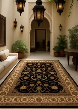 5' X 8' Black and Ivory Oriental Power Loom Area Rug
