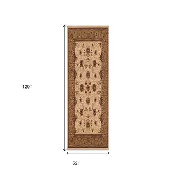 10' Beige And Ivory Oriental Runner Rug