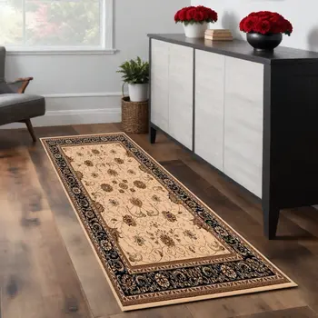 8' Black And Ivory Oriental Runner Rug