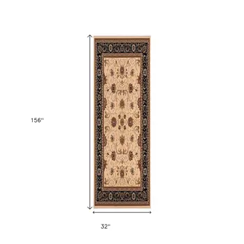 13' Black And Ivory Oriental Runner Rug