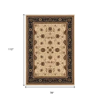 7' X 9' Black And Ivory Oriental Area Rug