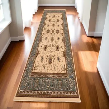 15' Blue And Ivory Oriental Runner Rug