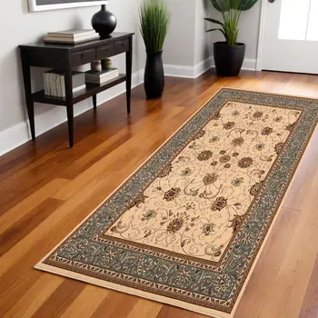 8' Blue And Ivory Oriental Runner Rug