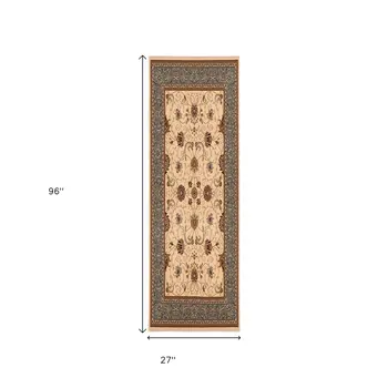 8' Blue And Ivory Oriental Runner Rug