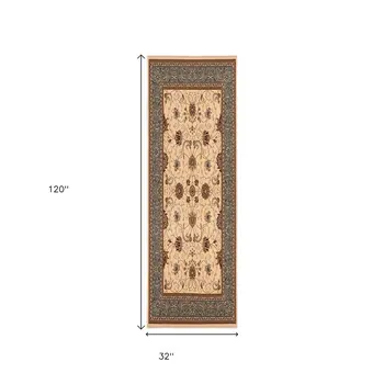 10' Blue And Ivory Oriental Runner Rug