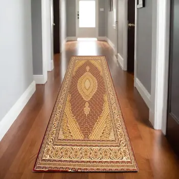 8' Red And Beige Oriental Runner Rug