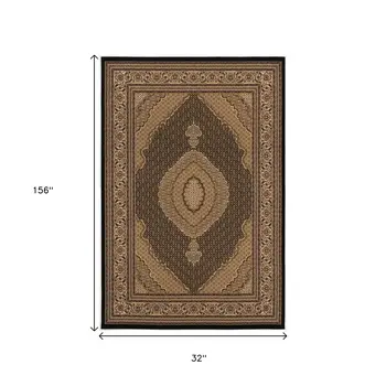 13' Beige And Black Medallion Runner Rug