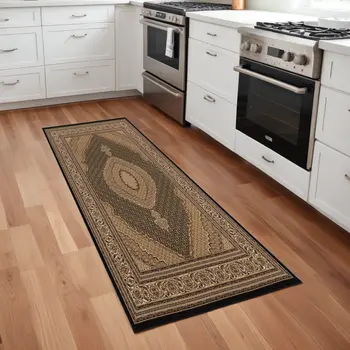 8' Beige And Black Medallion Runner Rug