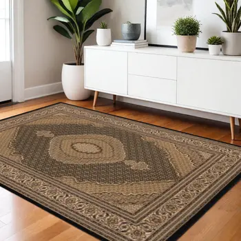 4' X 6' Beige and Black Medallion Power Loom Area Rug