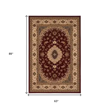5' X 8' Red and Beige Floral Medallion Power Loom Area Rug