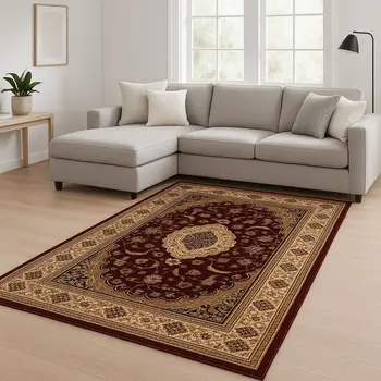 7' X 9' Red and Beige Floral Medallion Power Loom Area Rug