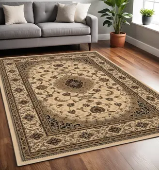 5' X 8' Beige and Black Floral Medallion Power Loom Area Rug