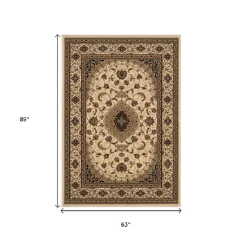 5' X 8' Beige and Black Floral Medallion Power Loom Area Rug