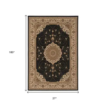 15' Beige And Black Medallion Runner Rug