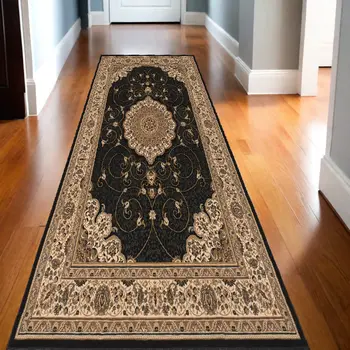 20' Beige And Black Medallion Runner Rug