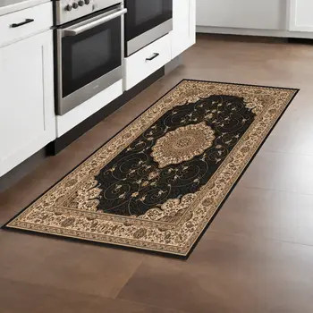 8' Beige And Black Medallion Runner Rug