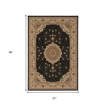 8' Beige And Black Medallion Runner Rug