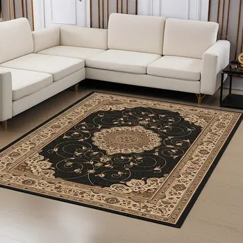 7' X 9' Beige and Black Medallion Power Loom Area Rug
