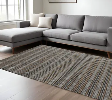 8' X 10' Black and Tan Decorative Striped Area Rug