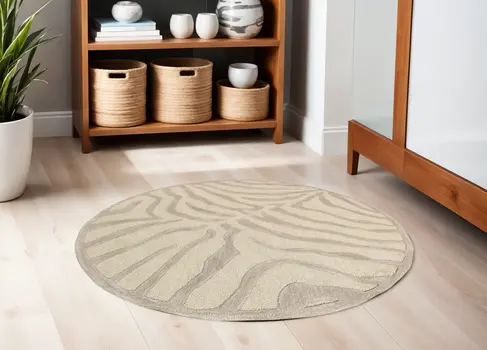 5' Round Taupe Zebra Pattern Area Rug