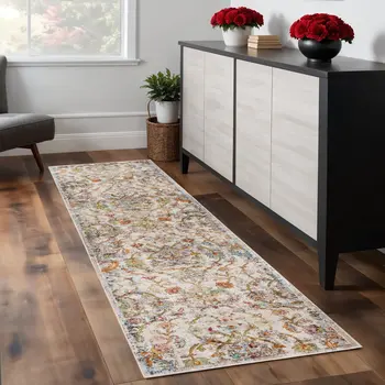 2' X 9' Beige Abstract Garden Runner Rug