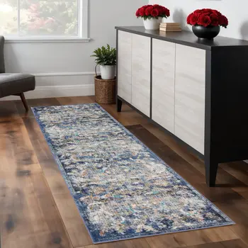 2' X 9' Blue and White Jacobean Pattern Runner Rug