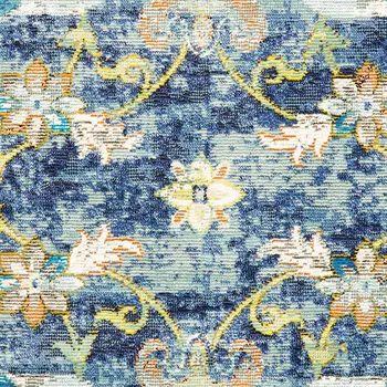 2' X 9' Blue and White Jacobean Pattern Runner Rug