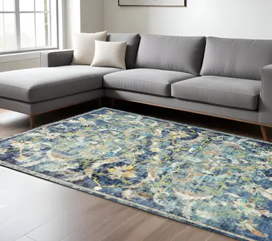 8' X 10' Blue and White Jacobean Pattern Area Rug