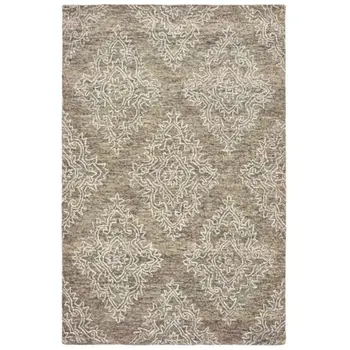 9' X 12' Khaki and White Damask Area Rug