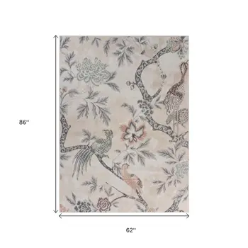 5' X 7' Soft Beige Birds and Trees Area Rug