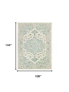 9' X 12' Turquoise and Cream Medallion Area Rug