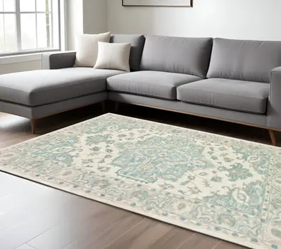 9' X 12' Turquoise and Cream Medallion Area Rug