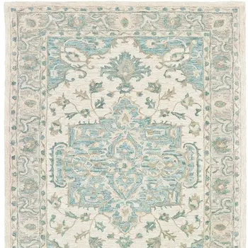 9' X 12' Turquoise and Cream Medallion Area Rug