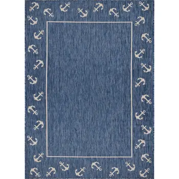 5' X 7' Blue and Natural Nautical Anchor Indoor Outdoor Area Rug