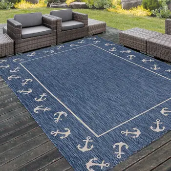 8' X 9' Blue and Natural Nautical Anchor Indoor Outdoor Area Rug