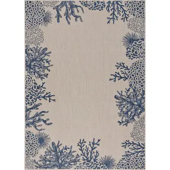 8' X 9' Beige And Blue Coral Indoor Outdoor Area Rug