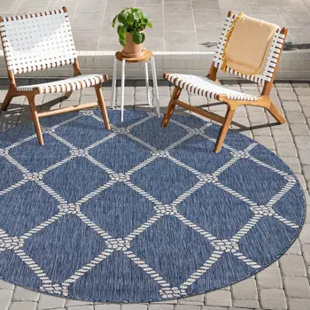 8' Blue And Gray Round Indoor Outdoor Area Rug