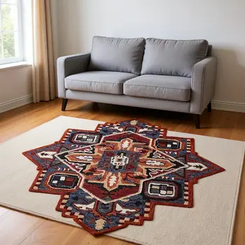 7' X 7' Blue And Red Wool Hand Tufted Area Rug