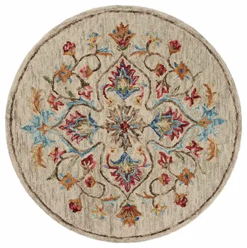 4' Round Beige Floral Medallion Area Rug