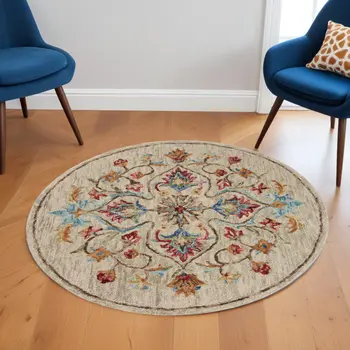 6' Beige Round Wool Hand Tufted Area Rug