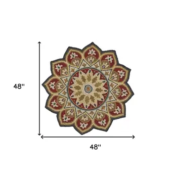 4' Round Red Decorative Petaled Edge Area Rug