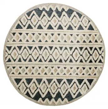 6' Round Blue and Cream Striped Diamonds Area Rug