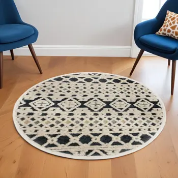 6' Blue And Ivory Round Wool Hand Tufted Area Rug