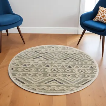 6' Round Cream Modern Geometric Area Rug