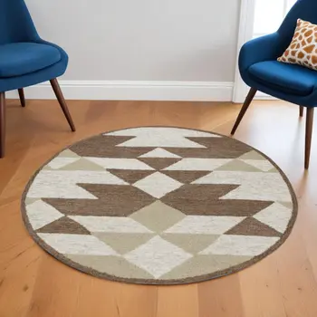 6' Brown And Ivory Round Wool Hand Tufted Area Rug
