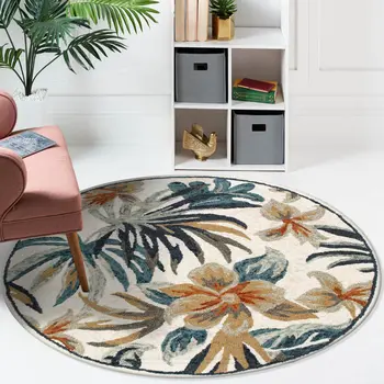 4' Round Blue and White Tropical Area Rug